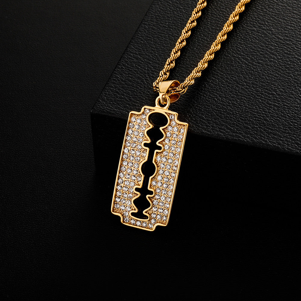 No Fade Stainless Steel Hip hop Iced Razor Blade Pendant Chain Necklace