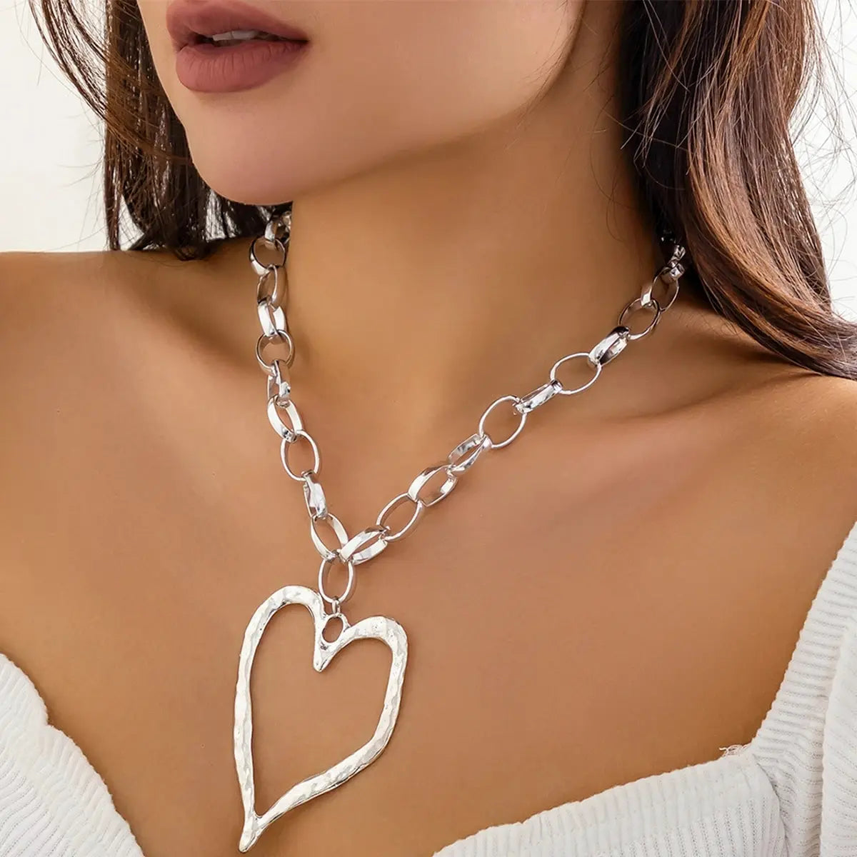 Ladies Big Heart Big Love Hip Hop Thick Rolo Link Pendant Chain Necklace