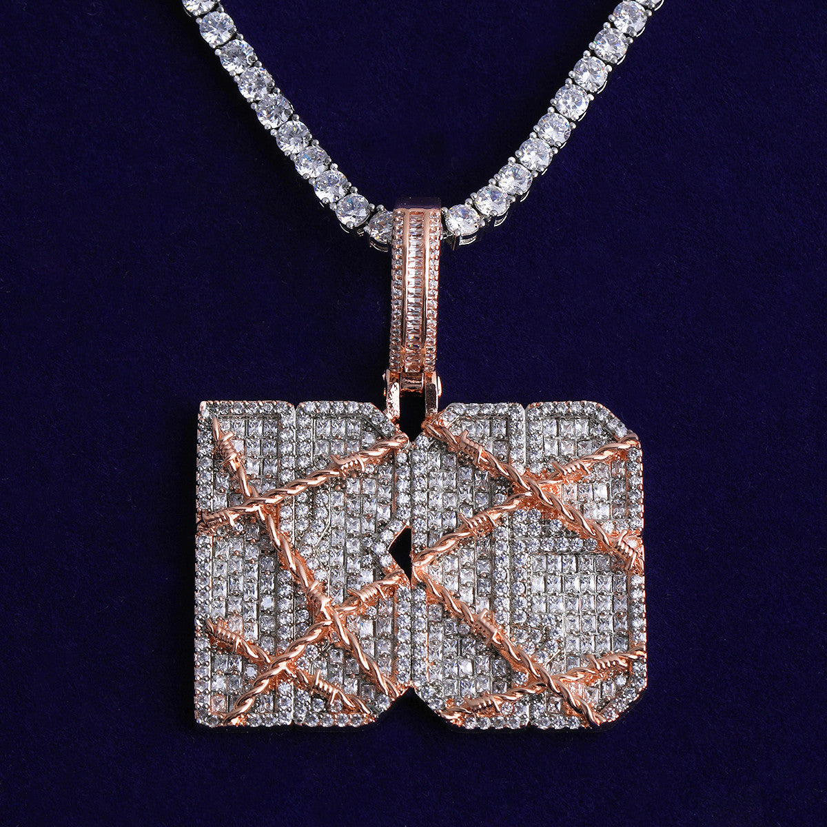 Cant Hold Me | Barbed Wire VVS Diamond CZ Baguette Stone Custom Name Plate Pendant