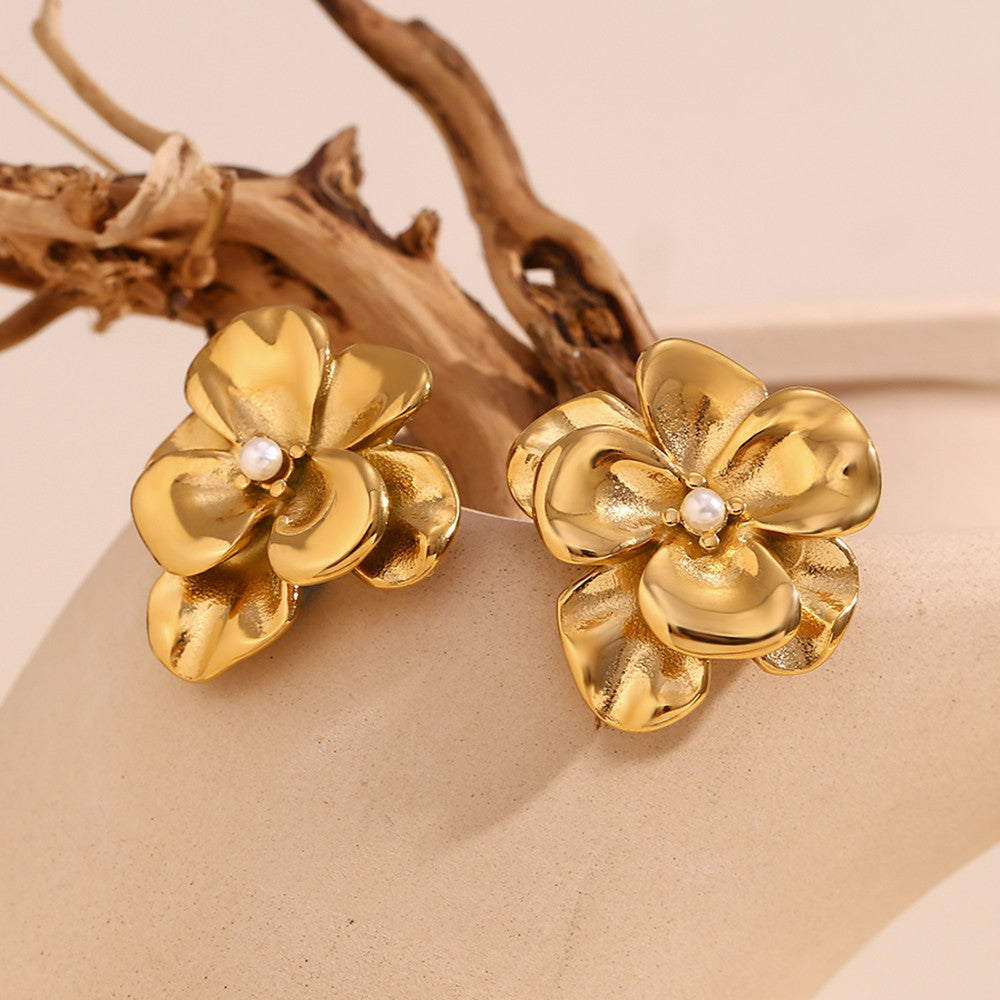 Layered Rose Petal | Center Pearl 18k Gold over No Fade Stainless Steel Earrings