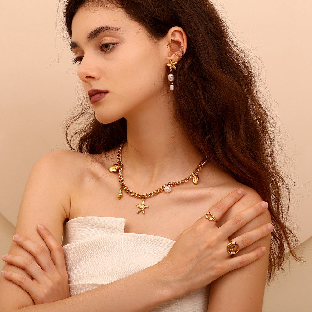 18k Gold Tarnish Free Stainless Steel Ocean Style Starfish Shells Pendant Necklace