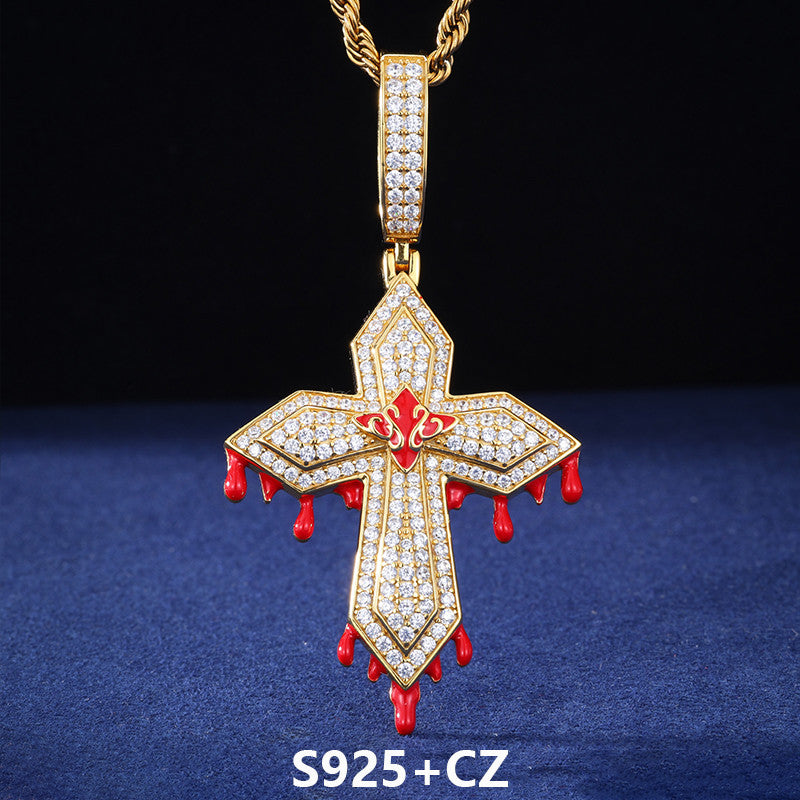 Blood Ties | Solid 925 Sterling Silver Moissanite Diamond Hip Hop Blood Drip Cross Pendant
