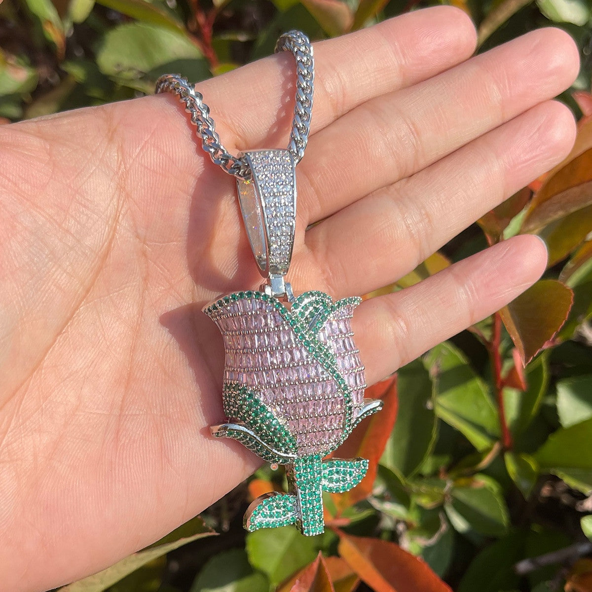 Beautifully Detailed Baguette & Round Stone Prong Set Rose Pendant Chain Necklace