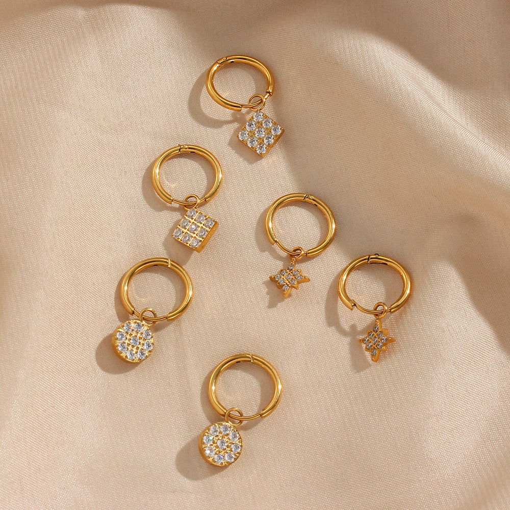 18k Gold Stainless Steel Waterproof Bling CZ Charm Cross Heart Butterfly Star Earrings