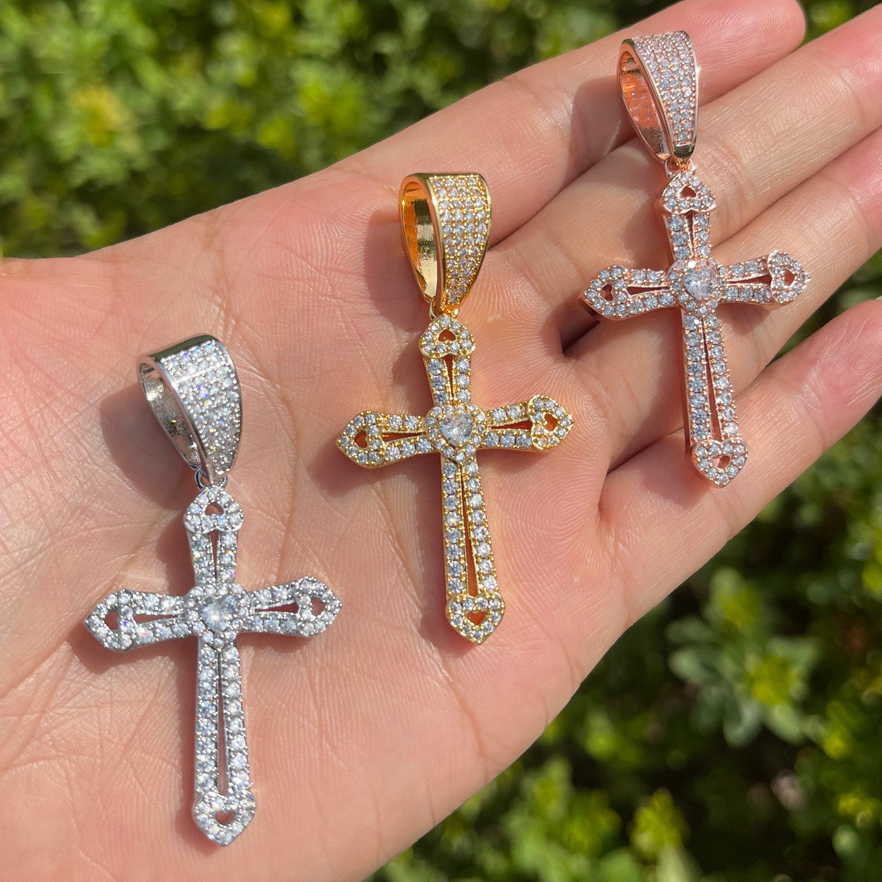 Passion Cross | Prong Set Heart Center Stone 24k 925 Silver Rose Cross Necklace