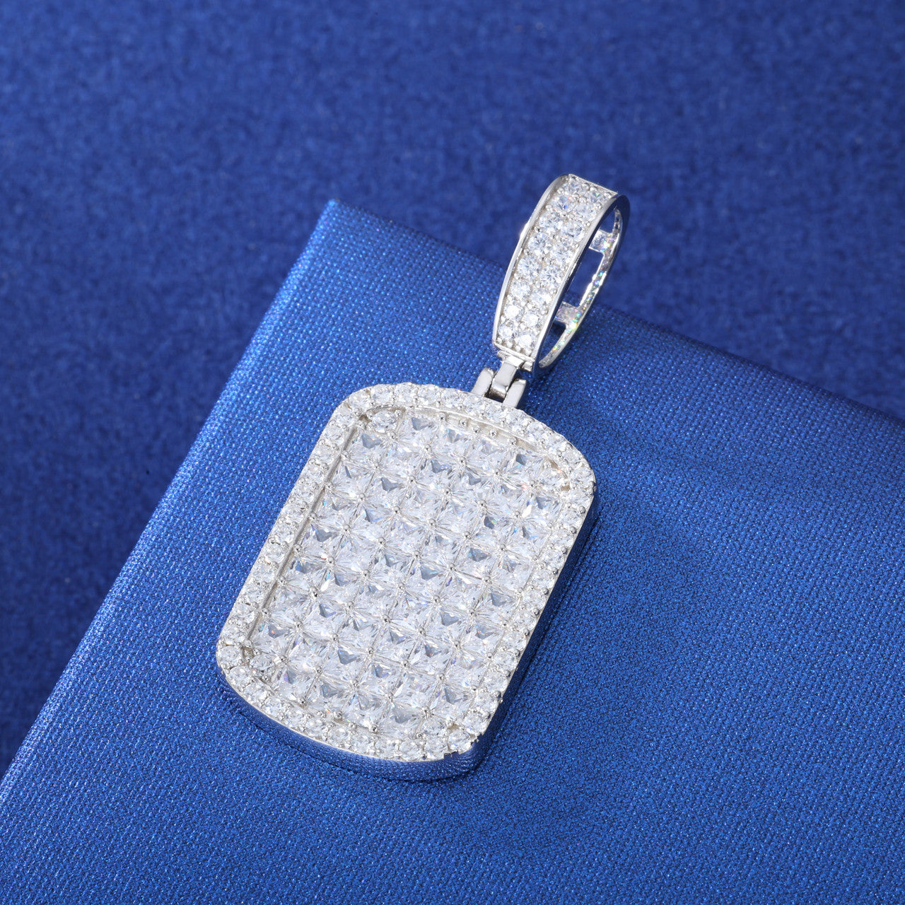 The Grid | Full Iced Blinged Out Princess Cut Solid Silver Moissanite Diamond Dog Tag Pendant