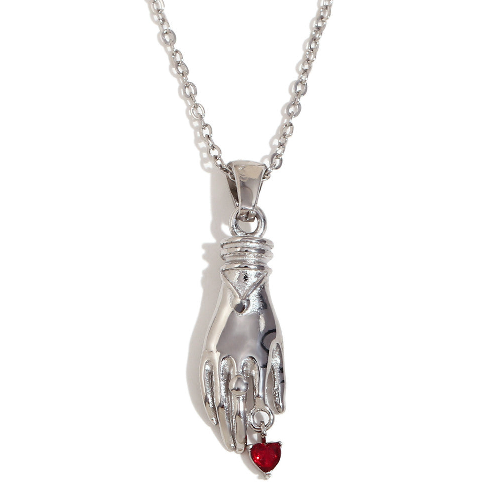 Ladies 18k Gold Stainless Steel Hand Red CZ Stone Heart Waterproof Tarnish Free Pendant Necklace