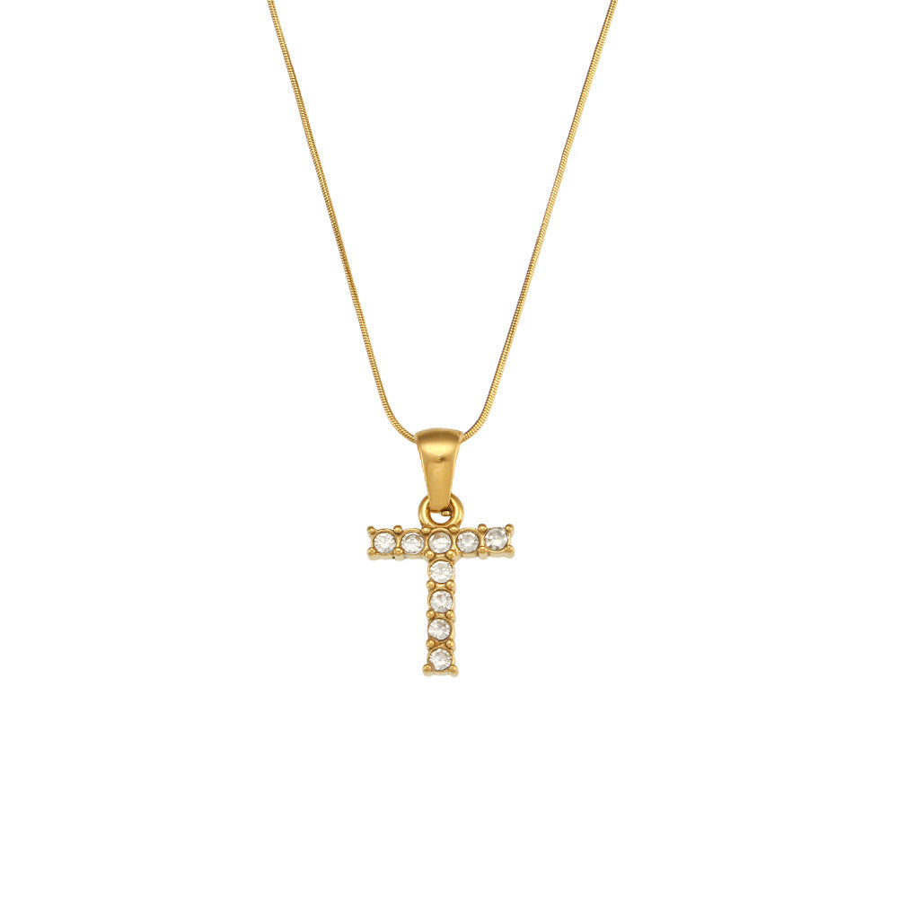 18k Gold Stainless Steel Thin Snake Chain 3A Zircon Stone Paved Initial Necklace