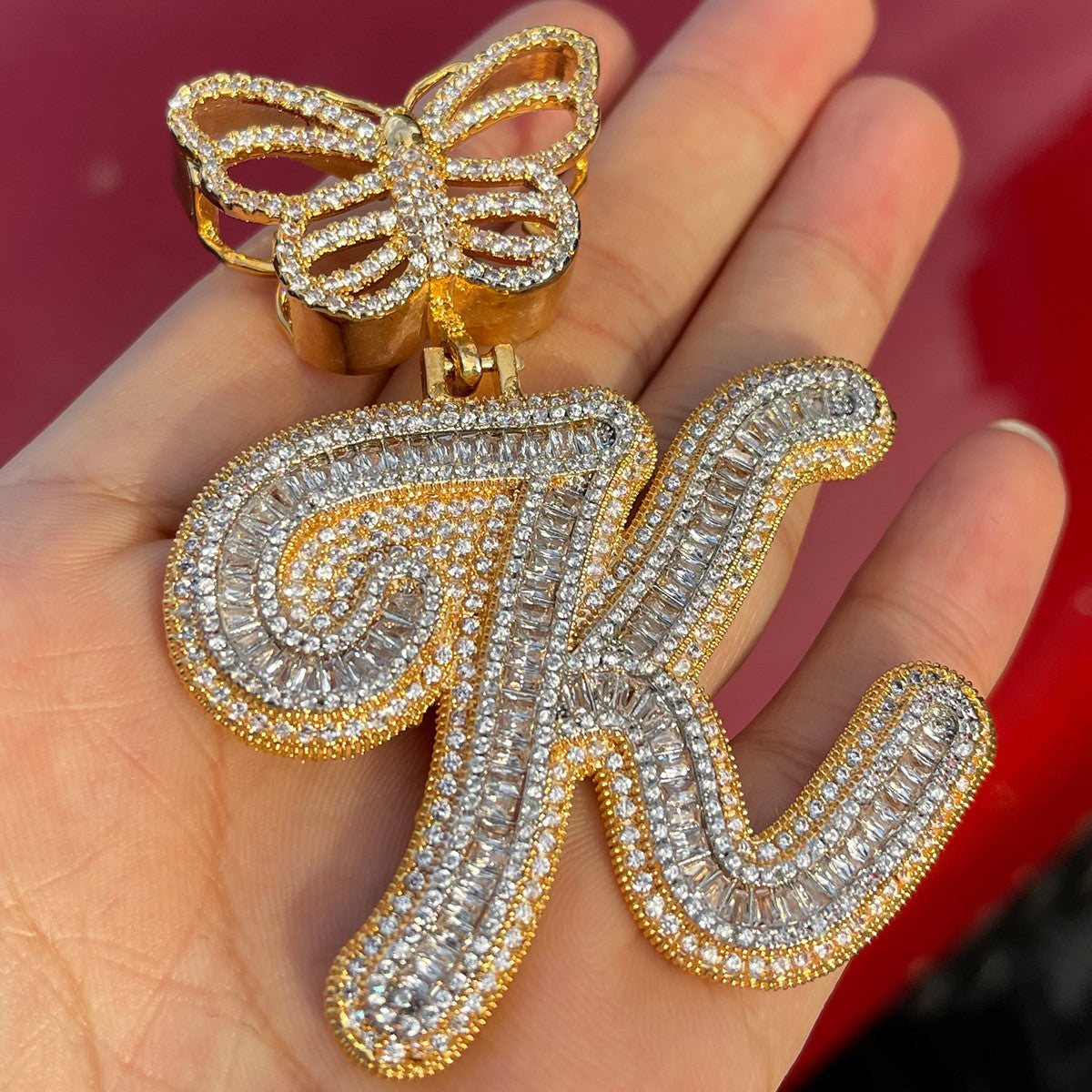 FlutterScript | Ladies Butterfly Bail Custom Cursive Baguette Bling Initial Necklace