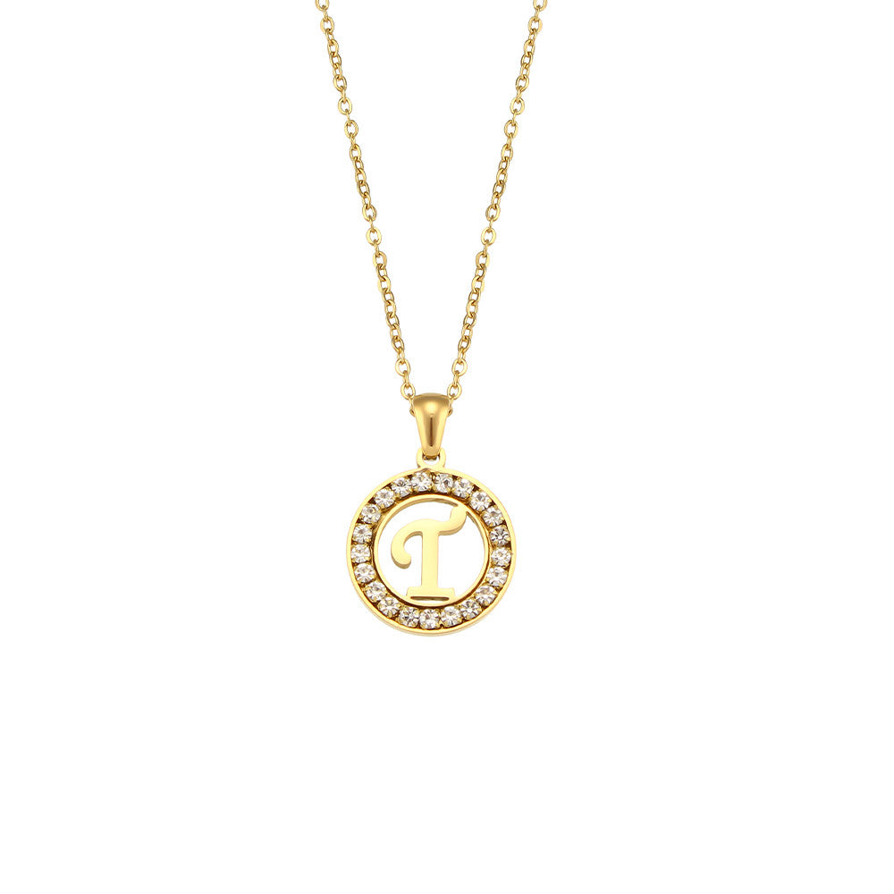 18k Gold Waterproof Hollow Round CZ Paved 26 Alphabet Initial Necklace