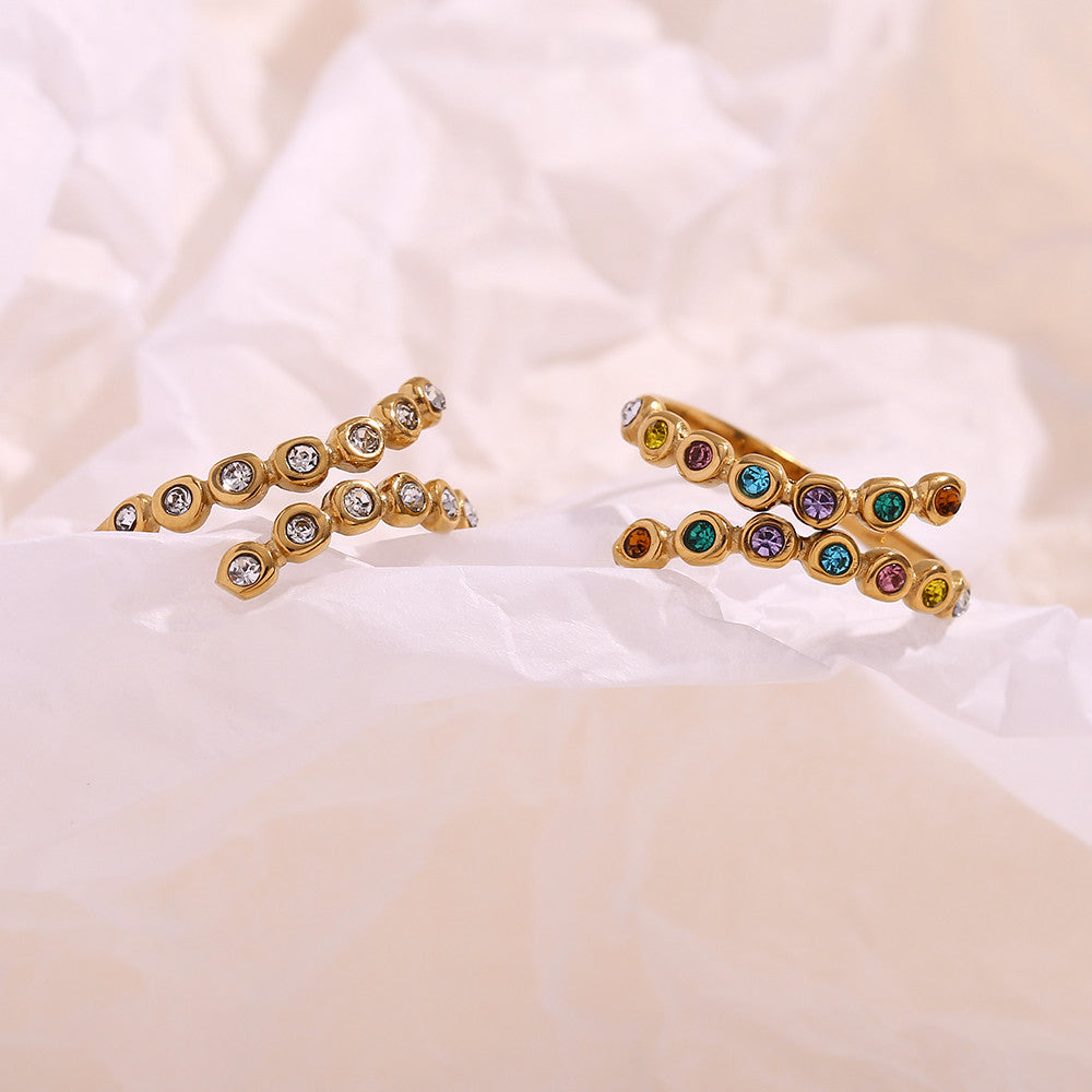 Ladies 18k Gold Waterproof Stainless Steel Cross Opening CZ Rings