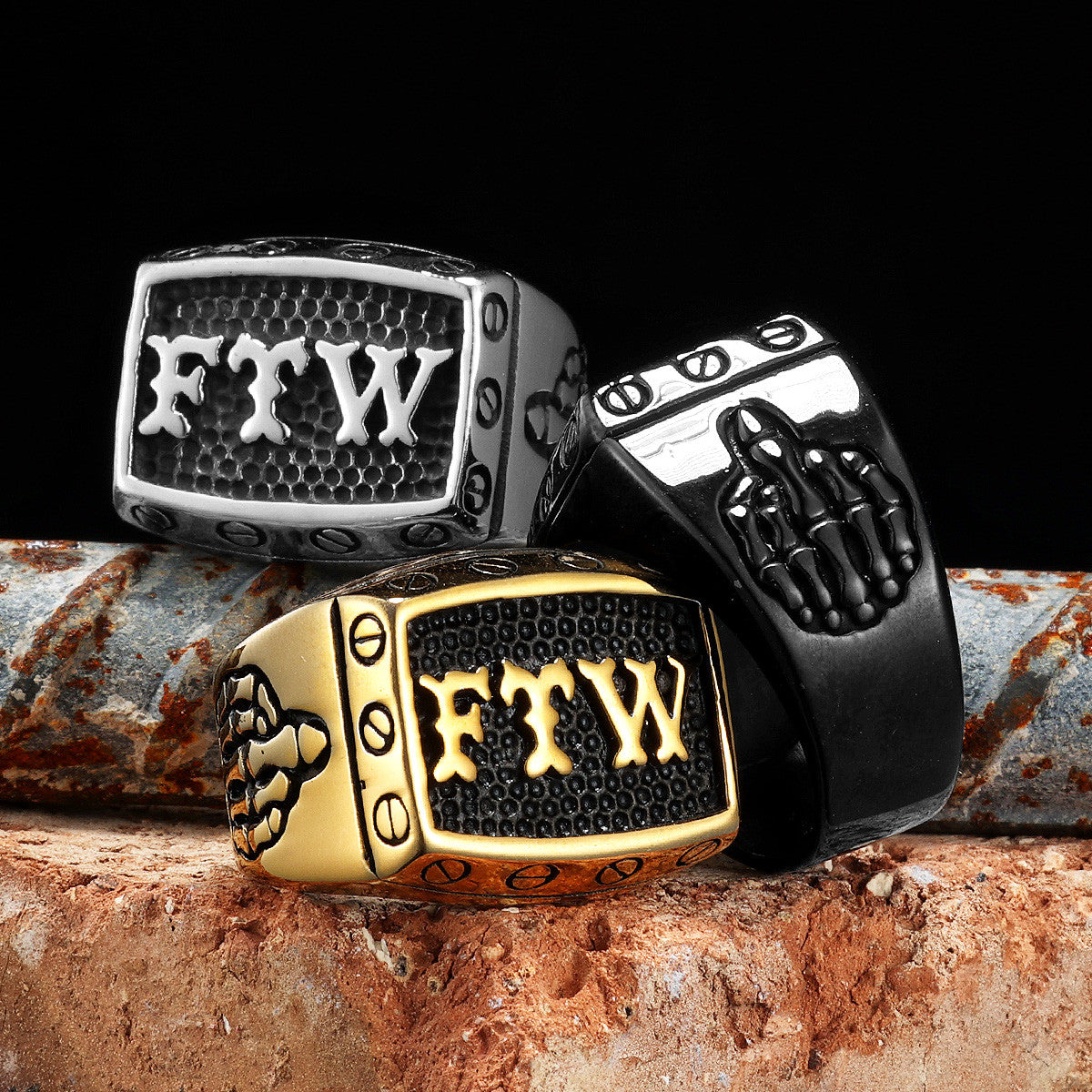 FTW | 14k Gold Black Over No Fade Stainless Steel Middle Finger Hip Hop Rings