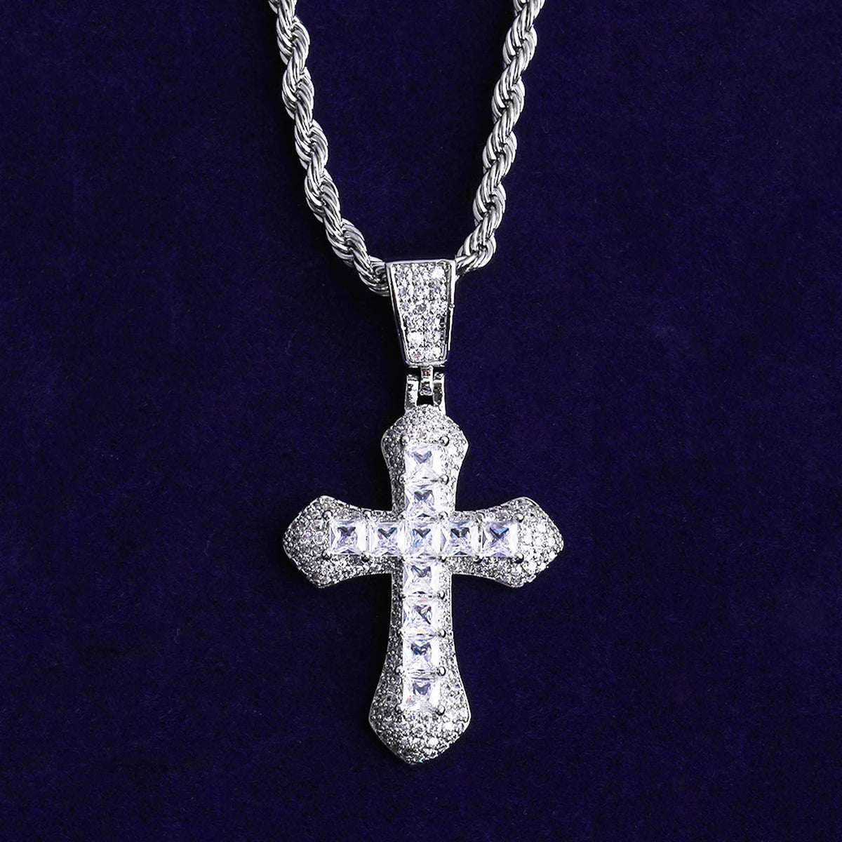 Fossil Cross | Iced Blinged Out Prong Set Princess Cut Stone Hip Hop Cross Pendant