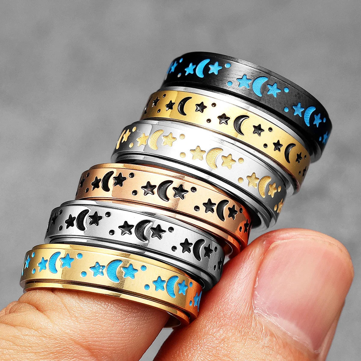 The Night Sky | 316L Stainless Steel Stars Moon Luminous Glowing Rotatable Rings