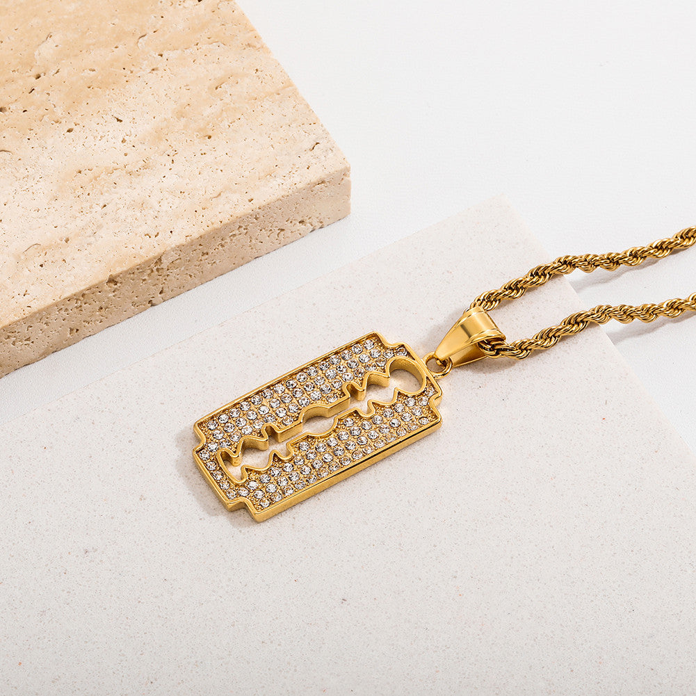 No Fade Stainless Steel Hip Hop Iced Razor Blade Pendant Chain Necklace