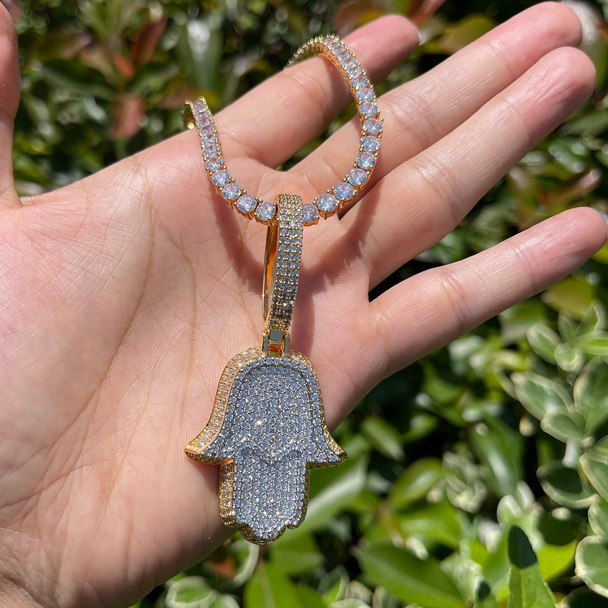 Crushed Ice Bling Out 3D Hamsa Hand Hip Hop Pendant Chain Necklace