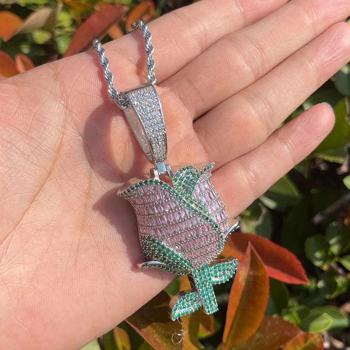 Beautifully Detailed Baguette & Round Stone Prong Set Rose Pendant Chain Necklace