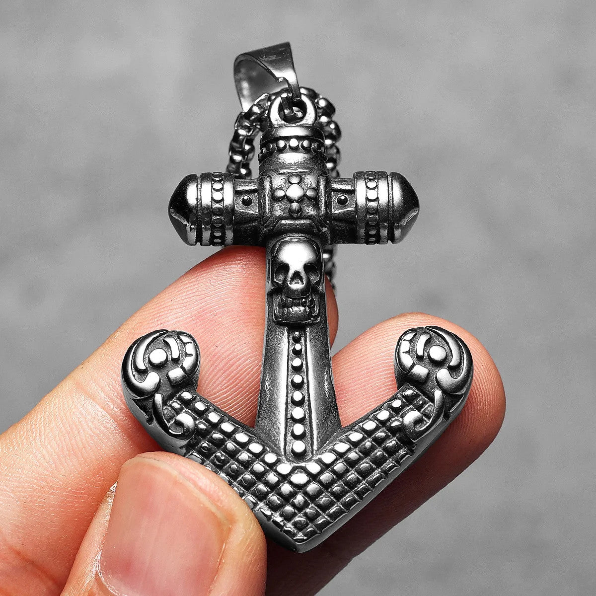 Skull Cross Anchor | 316L Solid Stainless Steel Textured Cross Anchor Hip Hop Pendant