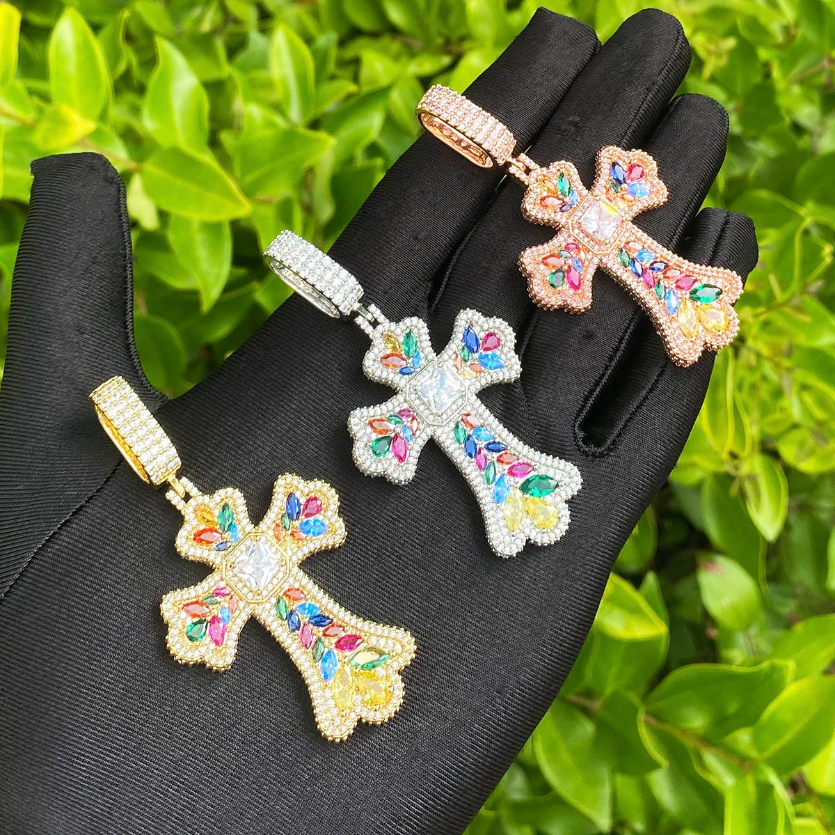 Technicolor Cross | 5AA+ VVS Diamond CZ Centerstone Iced Blinged Out Cross Pendant
