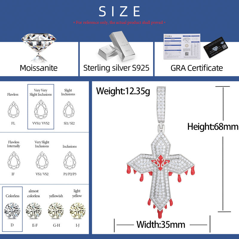 Blood Ties | Solid 925 Sterling Silver Moissanite Diamond Hip Hop Blood Drip Cross Pendant