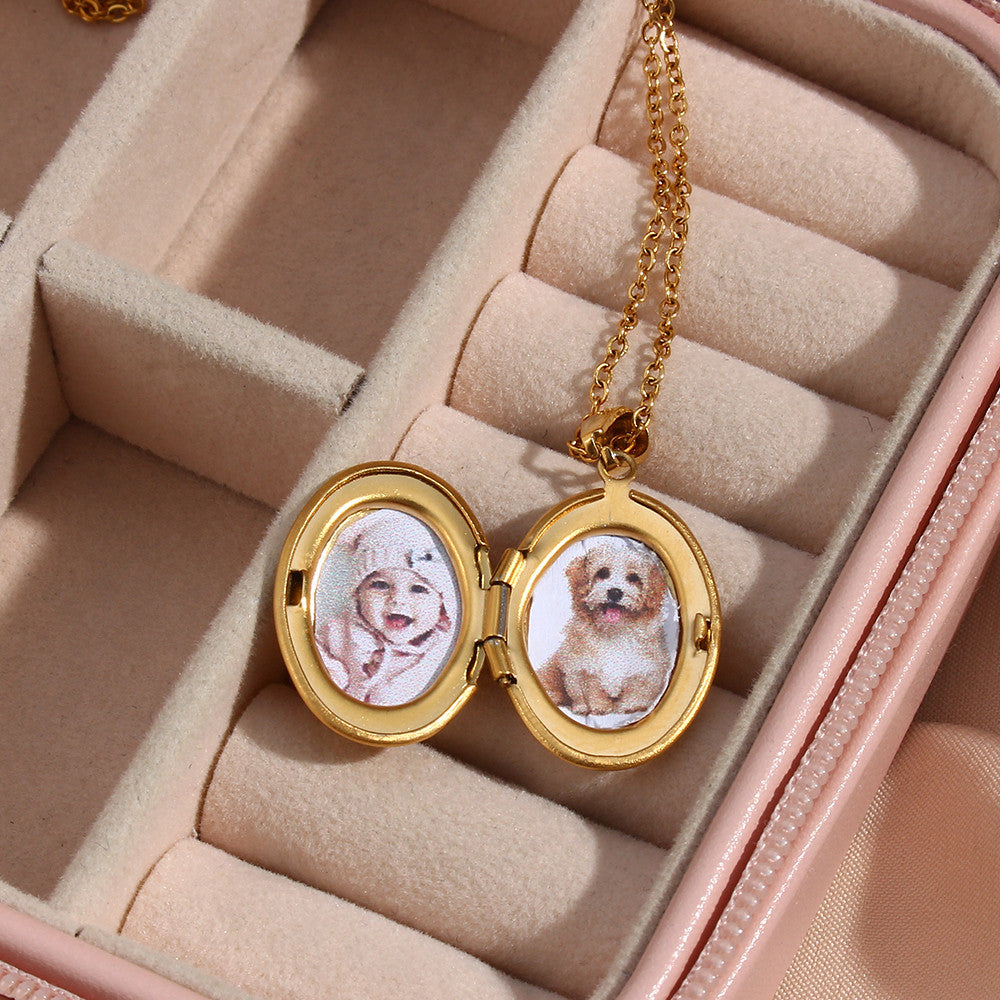 18k Gold Waterproof Picture Oval Photo Locket Memory Keepsake Stainless Steel Pendant Necklace