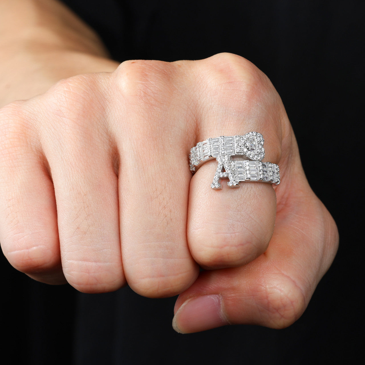 Moissanite Diamond Baguette Custom Initial Letter Heart Sterling Silver Hip Hop Rings