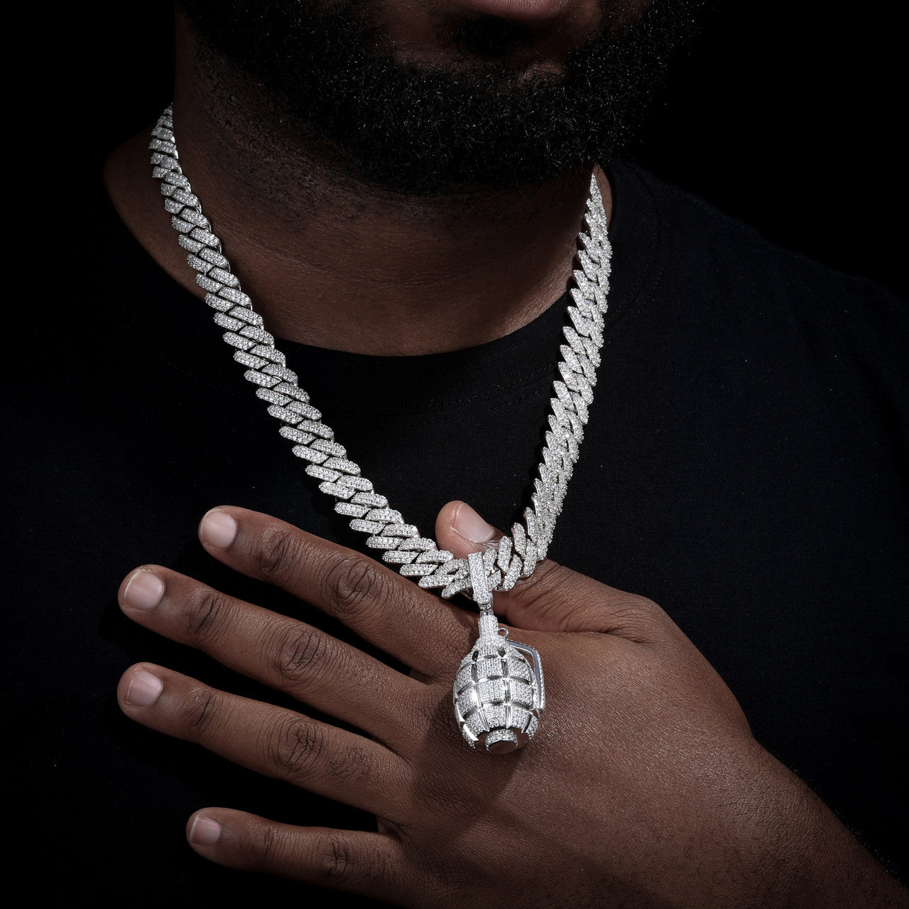 Fire In The Hole | Solid 925 Silver Iced Blinged Out Moissanite Retro Grenade Hip Hop Pendant