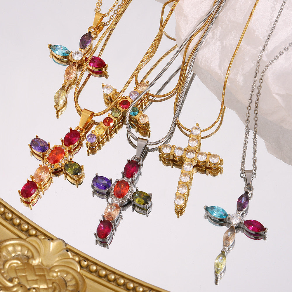 18k Gold Stainless Steel Luxury Colored CZ Cross Pendant Bling No Tarnish Women's Necklace