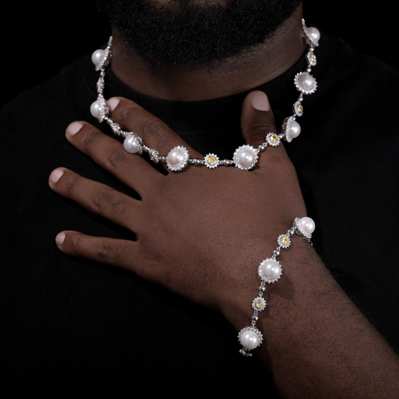 Pearl Sun | Moissanite Diamond Solid Sterling Silver Pearl Hip Hop Chain Necklace Bracelet Set