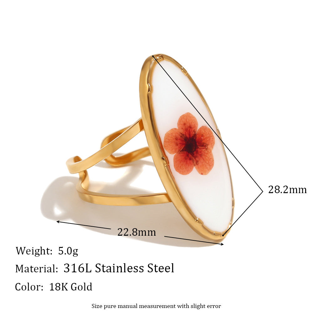 Ladies 18k Gold Stainless Steel Adjustable Waterproof Oval Sweet Flower Ring