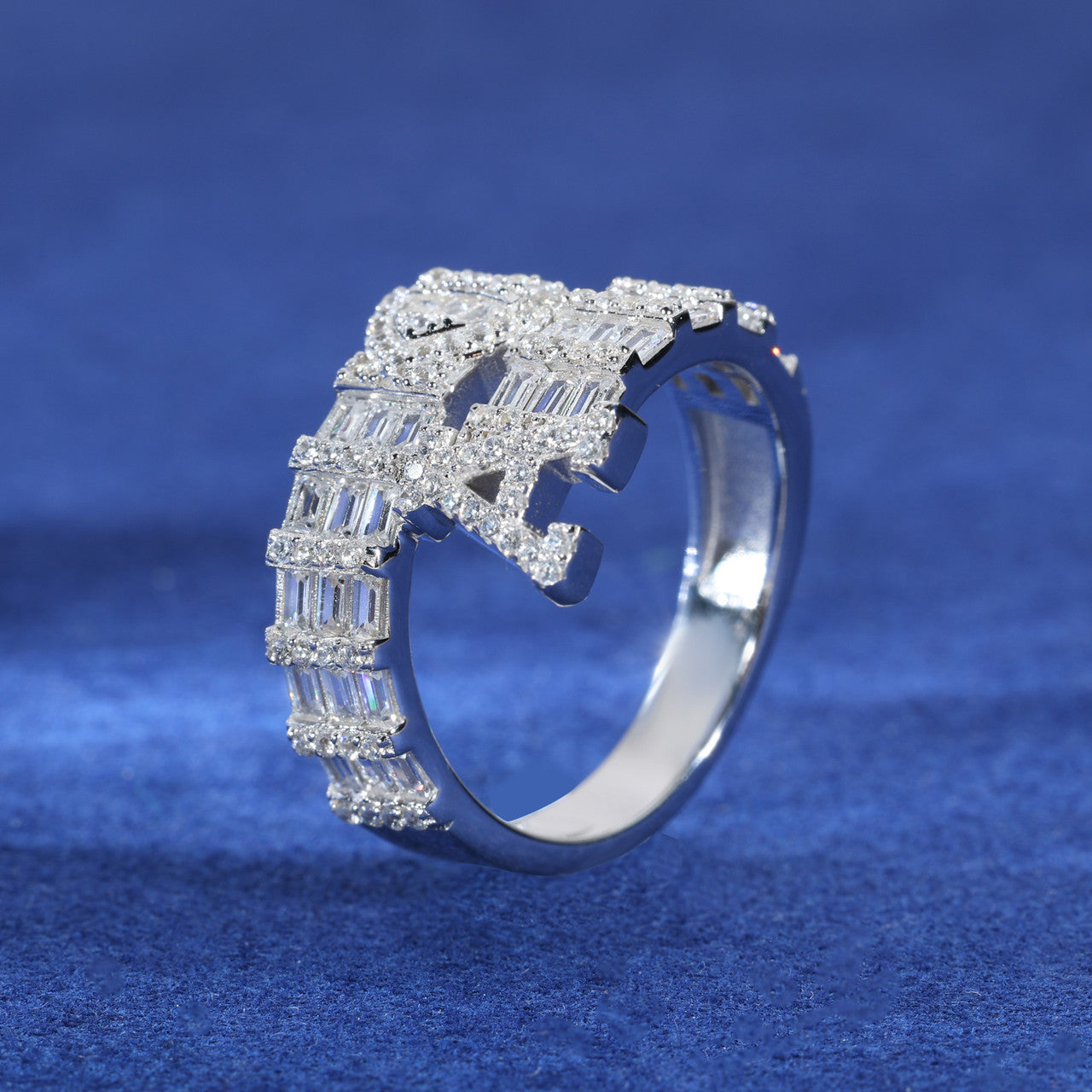 Moissanite Diamond Baguette Custom Initial Letter Heart Sterling Silver Hip Hop Rings