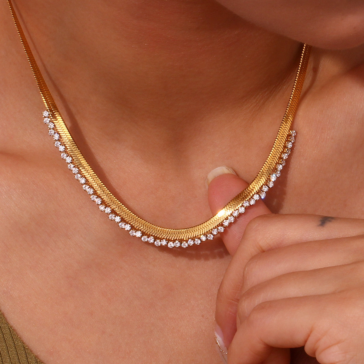 VVS Herringbone | Women's 18k Gold over Stainless Steel Diamond CZ Herringbone Chain Necklaces