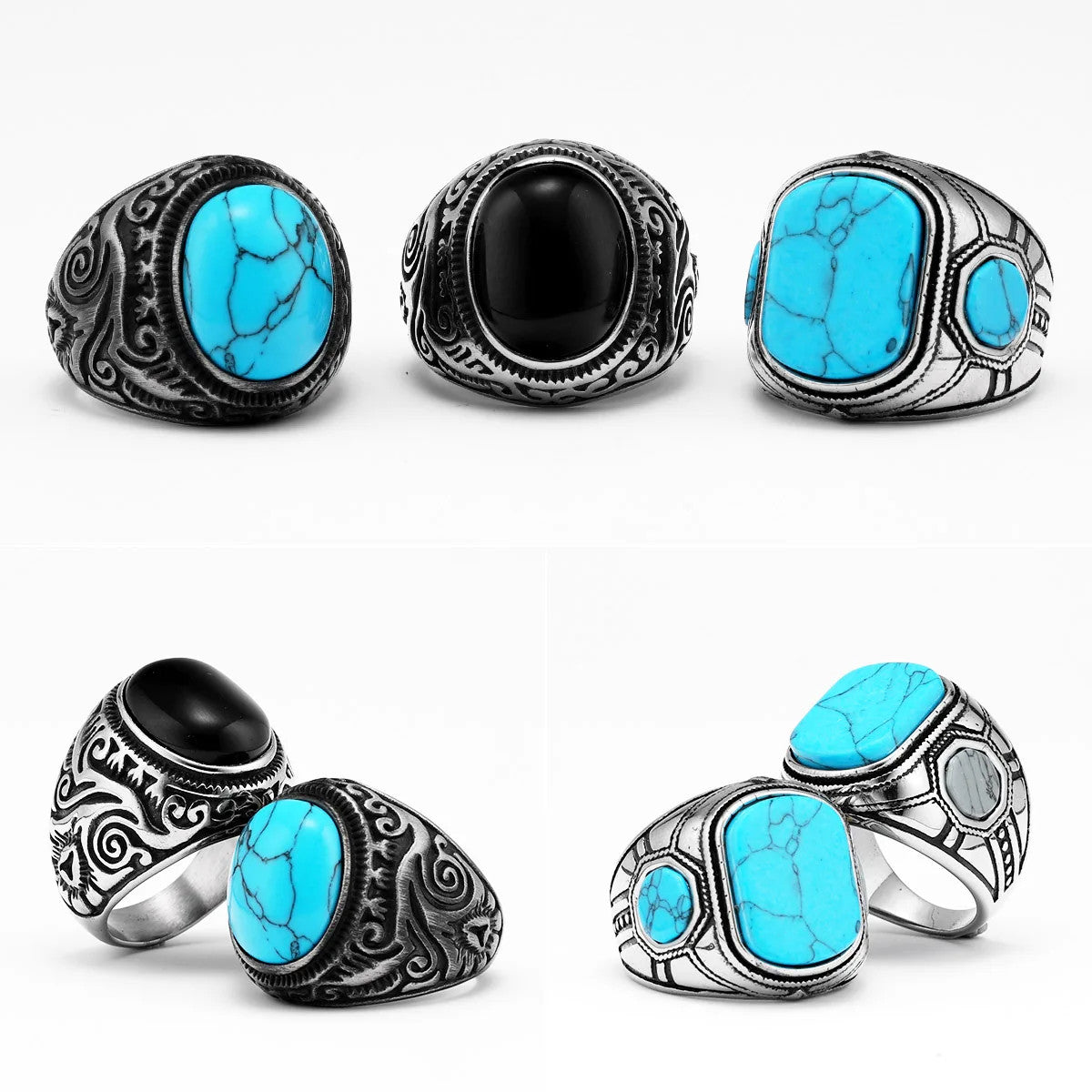 Luxury Turquoise Black Obsidian Solid Stainless Steel No Fade Rings