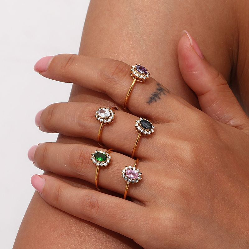 Waterproof 18k Gold Stainless Steel Oval Floral Shape Cubic Zirconia Stone Rings