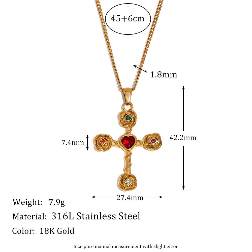 18k Gold Waterproof Stainless Steel Colorful CZ Rose Flower Cross Necklace Earring Ring Set