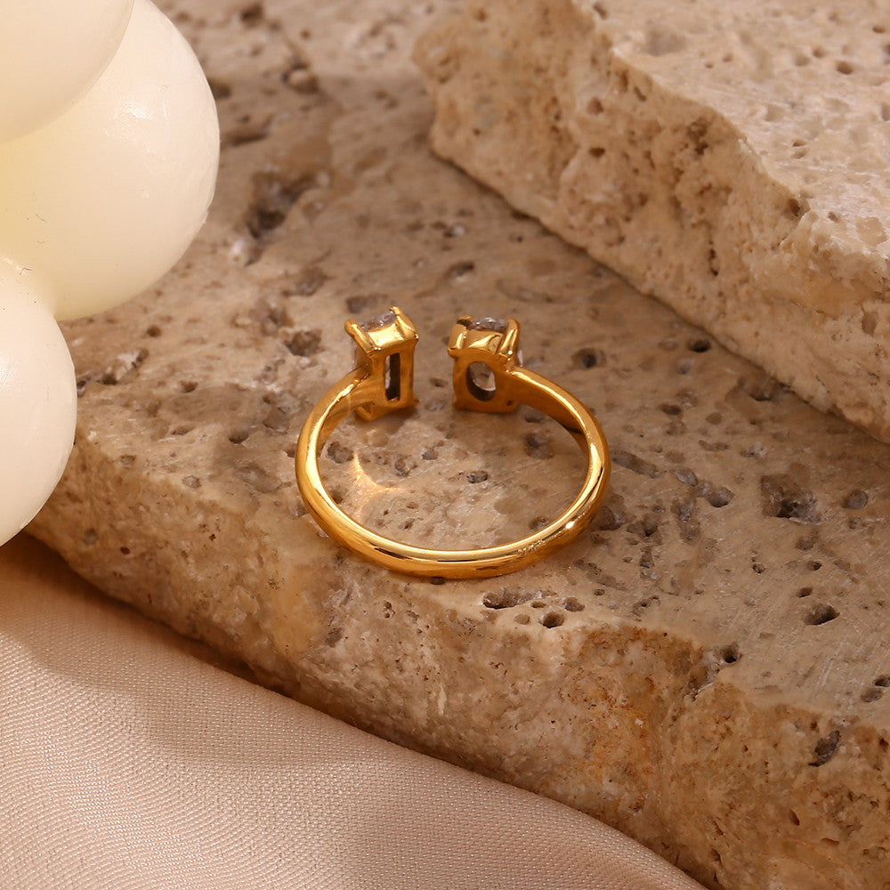 18k Gold Open Adjustable Size Water Drop Square CZ Stainless Steel Bling Rings