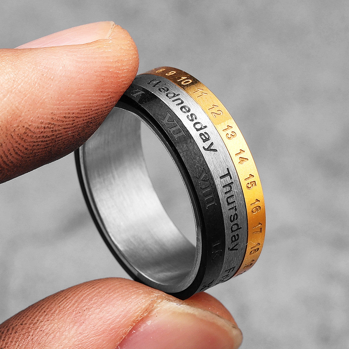 Calendar | Month Date Year 14k Gold Black Over Solid Stainless Steel Rotating Men's Rings