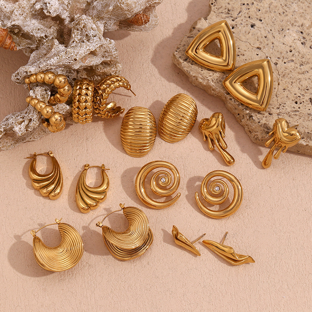 Ladies 18k Gold Stainless Steel Waterproof CZ Assortment Wave Sea Shell High Fashion Earrings