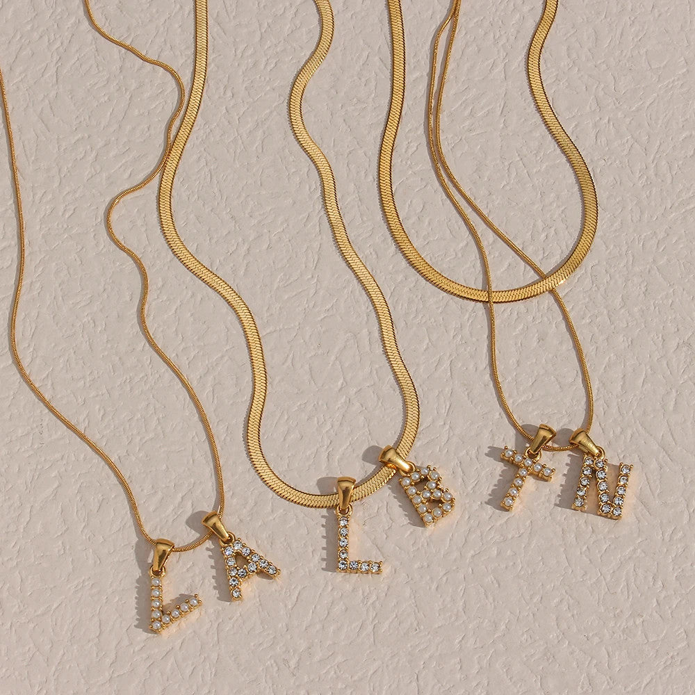 Ladies 18k Gold Stainless Steel Waterproof 26 Pearl Letter Initial Charm Necklace