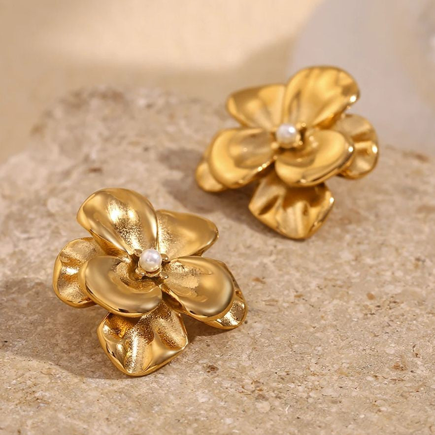 Layered Rose Petal | Center Pearl 18k Gold over No Fade Stainless Steel Earrings