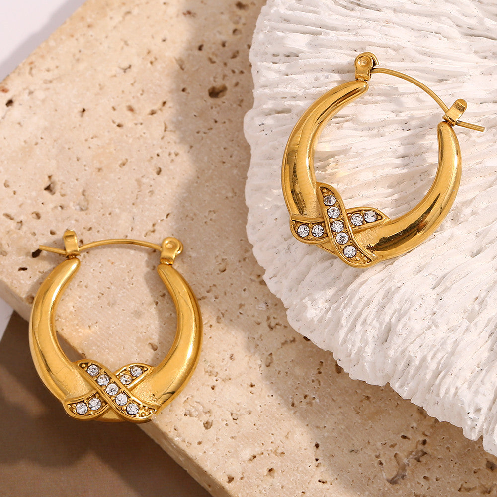 18k Gold Stainless Steel Designer Luxury Crossing X Rhinestone Hoop Bling Earrings
