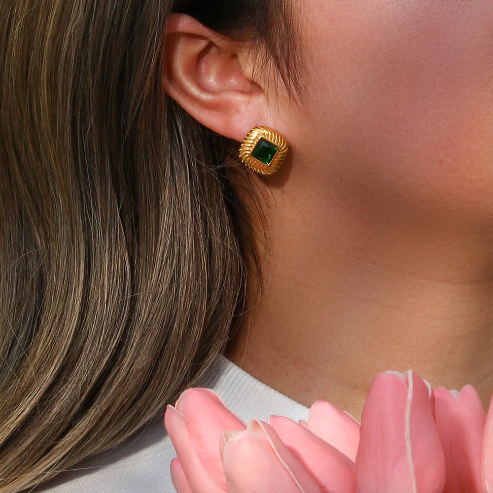 18k Gold Stainless Steel Square Texture Zircon Stone Stud Luxury Bling Earrings