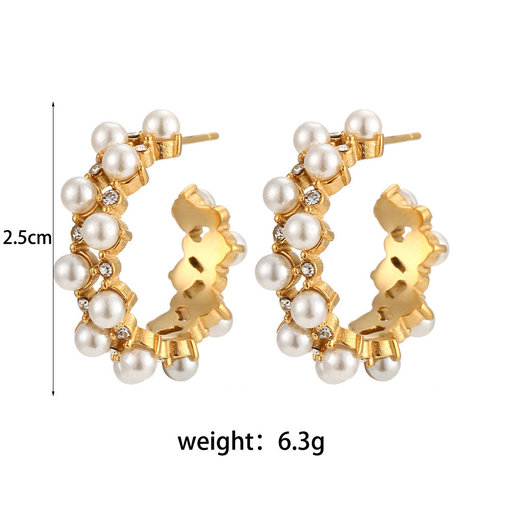18k Gold Water Resistant Elegant Pearl CZ Invisible Setting Bling Bling Hoop Earrings