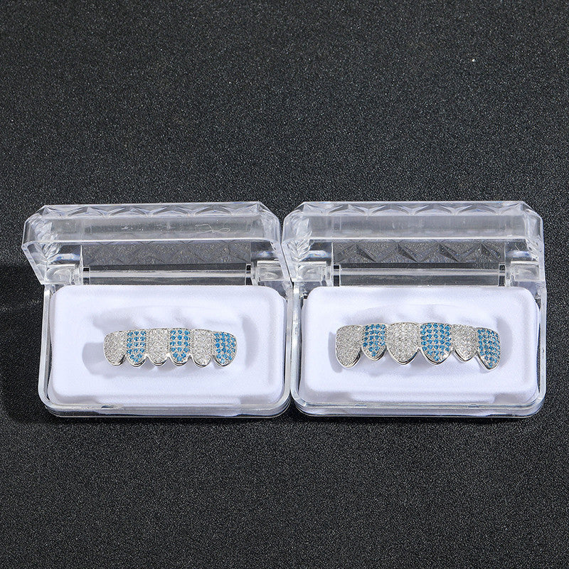 Blue Ice | VVS Diamond CZ Hip Hop Paved Iced Blinged Out Top Bottom Teeth Grillz Set