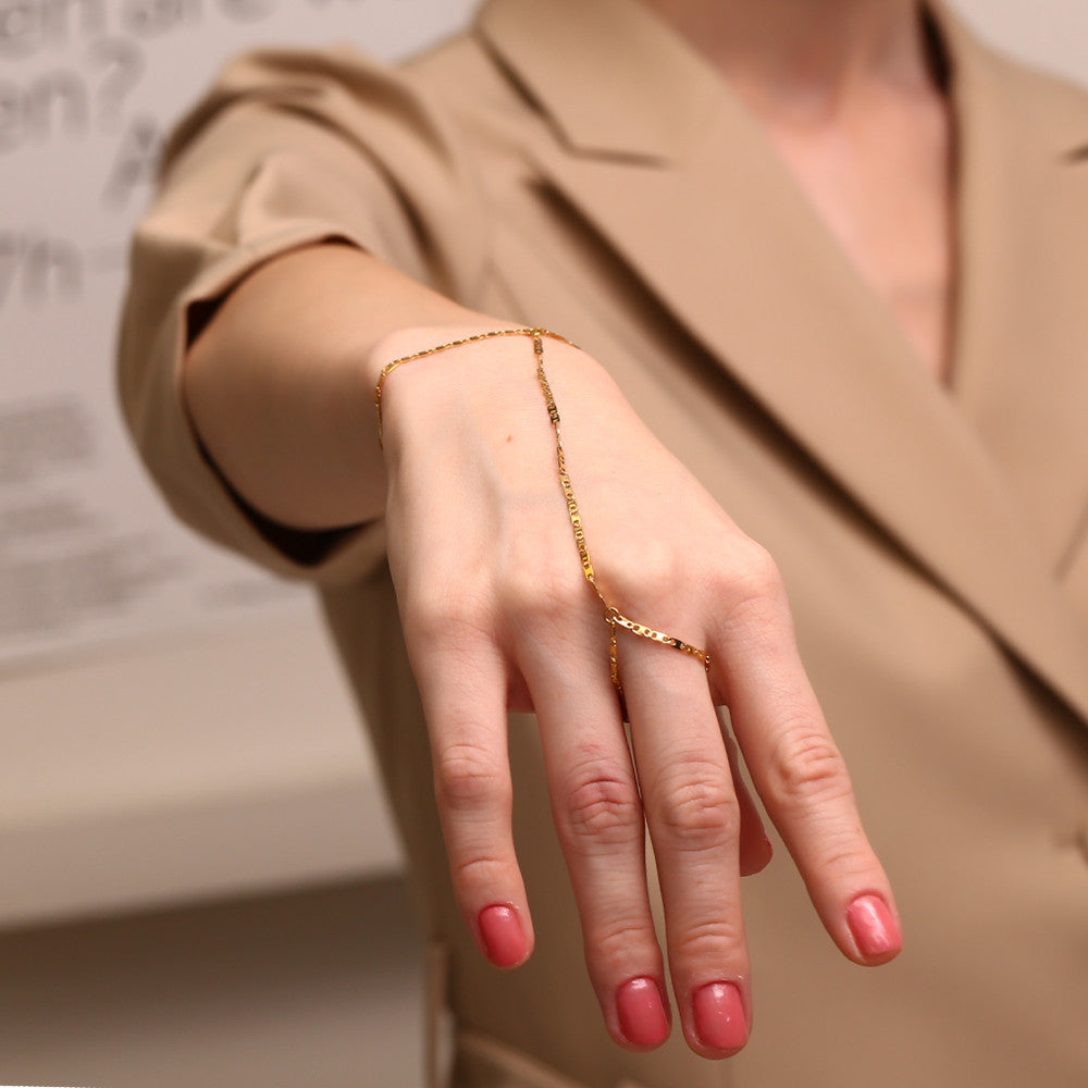 Ladies Waterproof Stainless Steel 18K Gold Plated Hand Chain Finger Ring Bracelet
