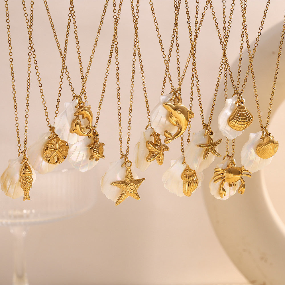 18k Gold Stainless Steel Waterproof Sea Animals Starfish Dolphin Mother Of Pearl Necklaces