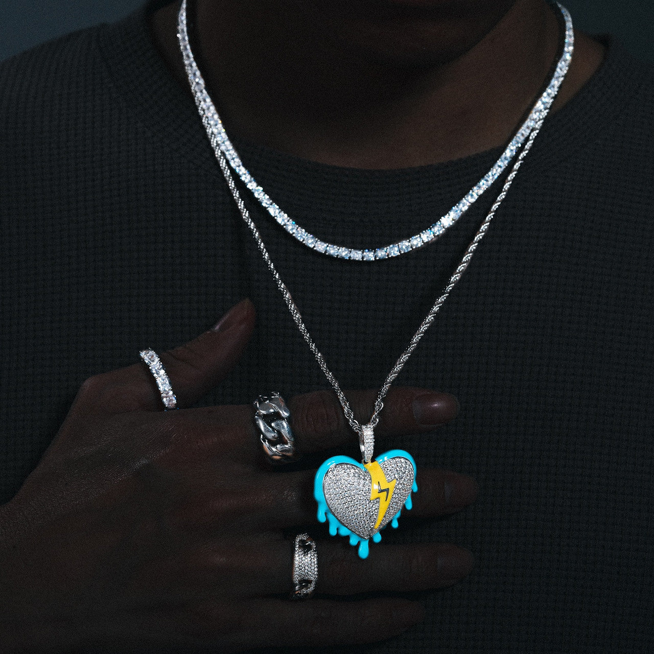 Genuine VVS Diamond Stone Solid 925 Silver Glowing Heart Hip Hop Pendant Chain