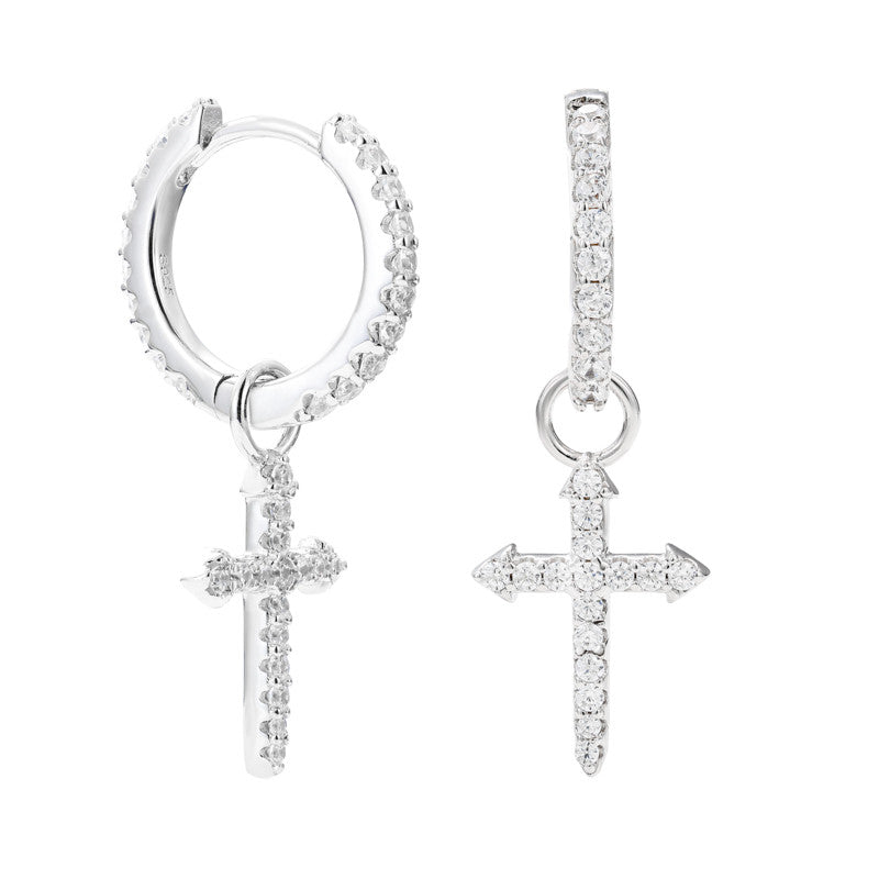 Crossed Huggie | Solid Sterling Silver VVS Diamond CZ Stone Cross Hoop Hip Hop Earrings