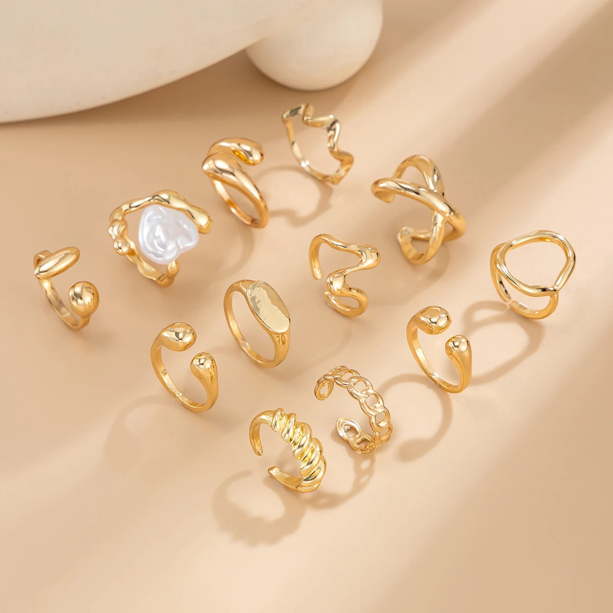 Ladies High Fashion Gold 12 Piece Tear Drop Vintage Ring Set