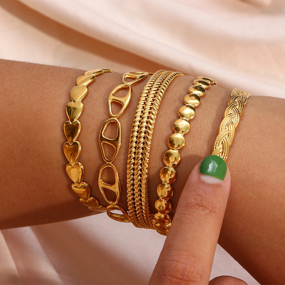 Women's 18k Gold No Tarnish Adjustable Stainless Steel Open Cuff Bangle Bracelets